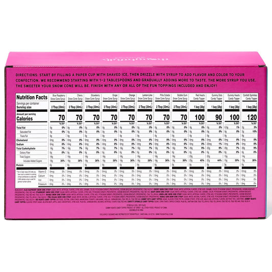 Thoughtfully Gourmet, Snow Cone Party Gift Set, Includes Ingredients for 20 Snow Cones, 8 Flavored Syrups, Toppings, and Paper Cups, Set of 20