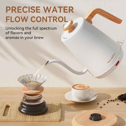 Nueve&Five Gooseneck Electric Kettle with Thermometer,Electric Tea Kettle 1L with Auto Shut-Off,1000W Hot Water Kettle of Stainless Steel for Coffee & Tea -White