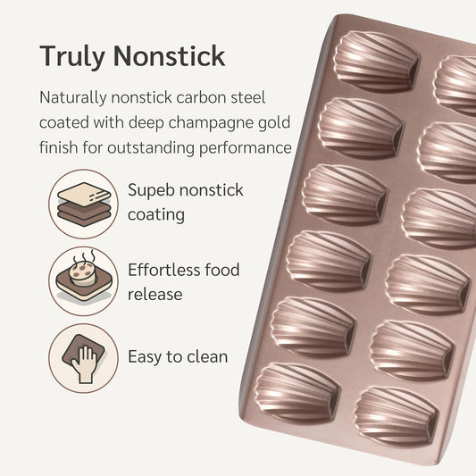 Non Toxic Nonstick Madeleine Pan 12 Well Set of 2 (24 wells) | Non Stick Nontoxic Madeleines Pans for baking | Madeleine Cake Cookie Mold | Madeleine tray for oven | French tin 12