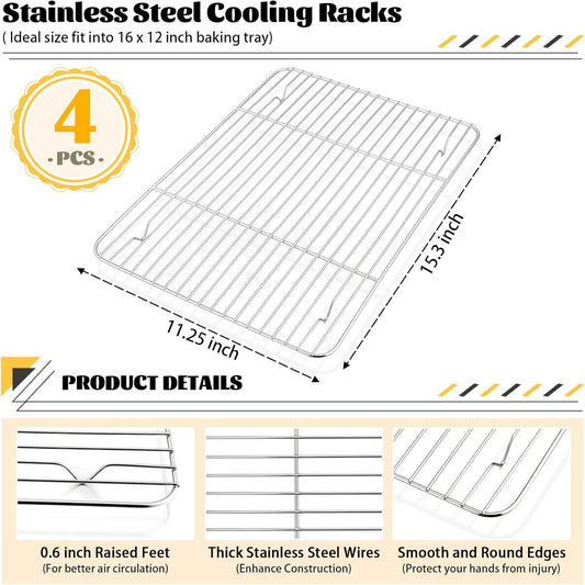 P&P CHEF Baking Cooling Rack Set for Cooking Roasting, 4-Piece Stainless Steel Wire Racks for Oven Use, Healthy & Dishwasher Safe, Rectangle, 15.3 Inch