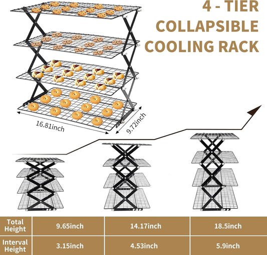 Cooling Racks for Cooking and Baking,2/3/4-Tier Upgraded Collapsible Cooling Rack,Adjustable 3 Setting Stackable Design,Nonstick Wire Rack for Baking,Roasting,Drying,Cookie,Cake,Muffins,Space Saving