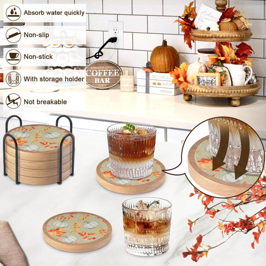 Pumpkins Coaster Set of 6 Cewiru Halloween Coasters for Drinks Absorbent Cup Mats for Table Protection Unique Fall Round Coasters for Coffee Table Kitchen Decor 4.3"