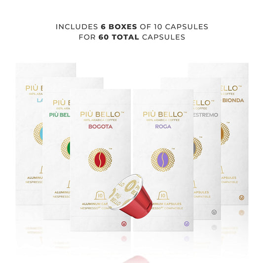 Piu Bello Espresso Coffee Pods for Nespresso Original Machines – Variety Pack – Light Roast, Dark Roast, Chocolate, Nuts, Caramel – Rich & Balanced Taste, Kosher (6-Flavor Multipack, 60 Count)