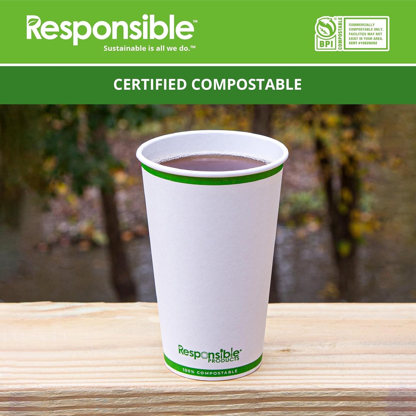 Certified Compostable 16 oz Paper Cups, Cold & Hot Coffee Cups, Disposable Paper Cups, Extra Strength Disposable Cups, Made without PFAS (50 count)