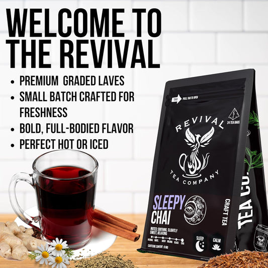 Revival Tea Company Sleepy Chai Tea - Rooibos Chai Tea Red Tea Blend with Valerian Root and Fresh Spiced Chai Flavor - Caffeine Free - 24 Tea Bags