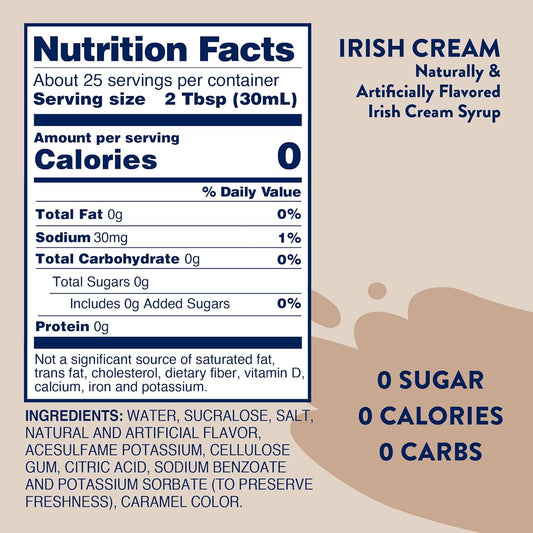 Jordan's Skinny Syrups Sugar Free Coffee Syrup, Irish Cream Flavor Drink Mix, Zero Calorie Flavoring for Lattes, Protein Shake, Food & More, Gluten Free, Keto Friendly, 25.4 Fl Oz, 2 Pack