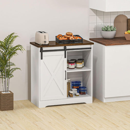 HOMCOM Farmhouse Coffee Bar Cabinet, 33" Buffet Sideboard with Sliding Barn Door and Adjustable Shelf, Kitchen Buffet Cabinet, White
