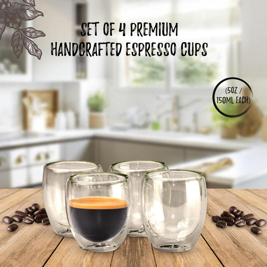 BacimiĀ® Double Wall Insulated Coffee Mugs (Set of 4 / 5oz) - Clear Borosilicate Cups - Thermal Drinking Cups for Espresso, Cappuccino, Latte, Tea, Hot Beverage, Wine - Microwave Safe