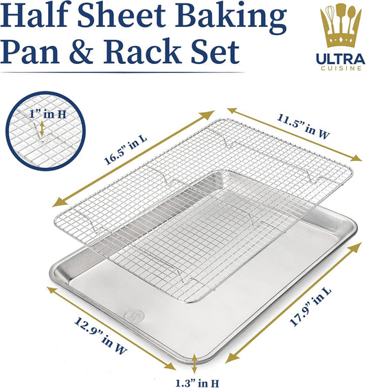 Ultra Cuisine Aluminum Baking Sheet with Stainless Steel Cooling Rack Set -Half Sheet Size Pan 13 x 18 inch, Durable Rimmed Sides, Easy Clean, Commercial Quality for Cooking and Roasting
