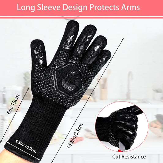 BBQ Fireproof Gloves, Grill Cut-Resistant Gloves 1472°F Heat Resistant Gloves, Non-Slip Silicone Oven Gloves, Kitchen Safe Cooking Gloves for Oven Mitts,Barbecue,Cooking, Frying, Black(2 Pairs)