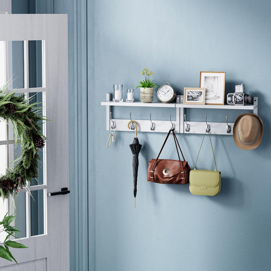 2 Pack Coat Rack Wall Mount, Bamboo Coat Hook with Storage Shelf, Coat Hanger with 8 Dual Hooks, Wall Floating Shelf for Entryway Hallway Kitchen, Bathroom, Bedroom (White+Slive)