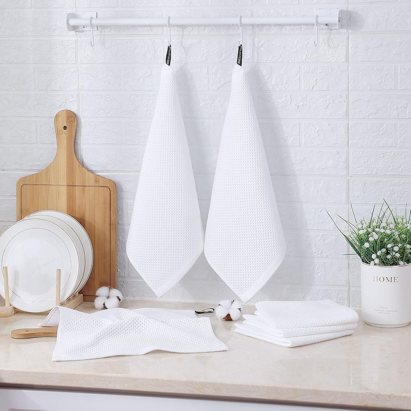 Kitinjoy 100% Cotton Kitchen Dish Cloths, 12 Pack Waffle Weave Ultra Soft Absorbent Dish Towels for Drying Dishes Quick Drying Kitchen Towels Dish Rags, 12 X 12Inch, White