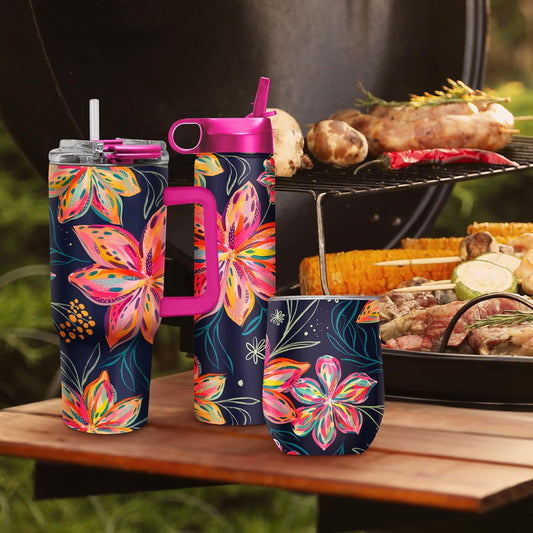 RainCaper 18/8 Stainless Steel Insulated Water Tumbler with Straw | 30oz, BPA-Free, Double Wall for Hot & Cold | Travel-Friendly, Cup Holder Ready (EttaVee Bold Flowers)