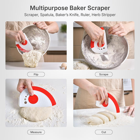 Nextrend BakerScraper ā 5-in-1 Flexible Bowl Scraper, Bench Scraper and Dough Scraper with Stainless Steel Edge, Ruler & Herb Stripper ā BPA Free, Dishwasher Safe - Red