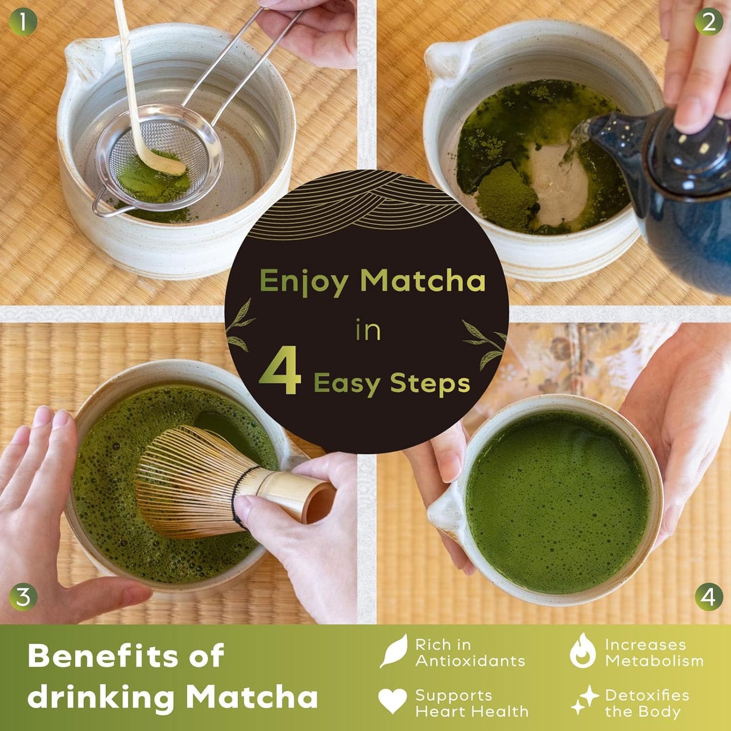 Japanese Matcha Set | Matcha Bowl with Spout | Whisk & Holder | Bamboo Scoop & Stainless Sifter | 5-Piece Traditional Matcha Kit | Designed in Japan |ćRustic Beigeć