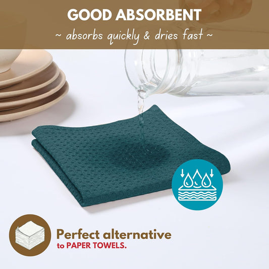 Native Fab Waffle 18 Pack Dish Cloths - Cotton, 12x12 inches, Absorbent, Quick Drying, Washable Towels for Cleaning, Cooking & Baking - Ideal for Home, Restaurants, Bars & Multi Use - Teal Green