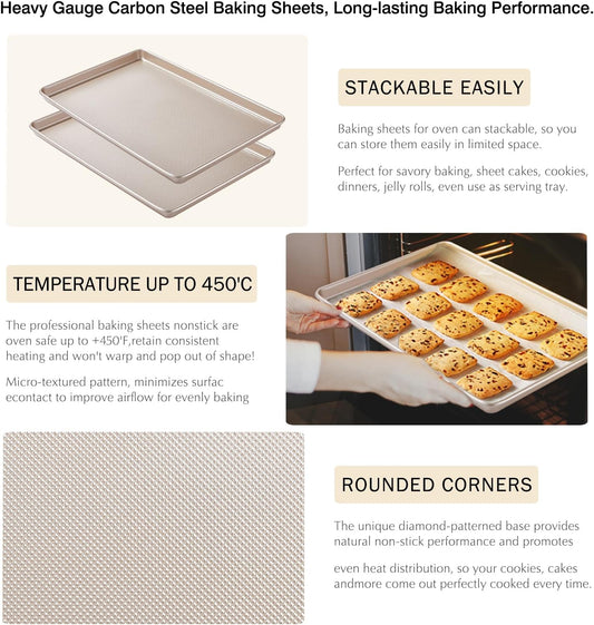 Baking Sheet Pan Set of 2, Cookie Sheets for Oven, Nonstick Half/Quarter/Jelly Roll Pans with Diamond Texture Pattern, 0.8mm Thick Heavy Duty Cookie Tray, Champagne Gold(17.5 * 11.8 * 1inch)