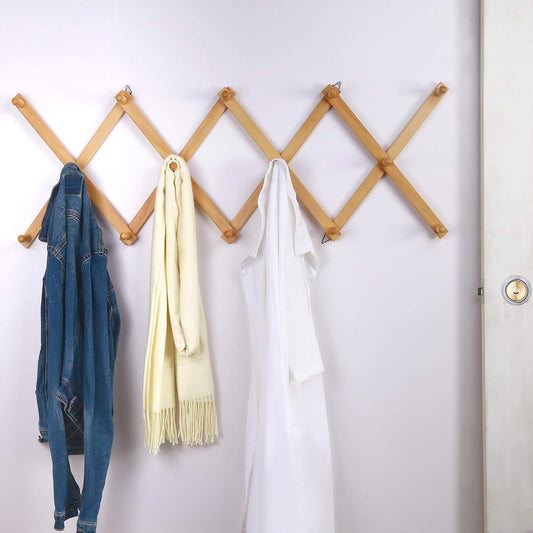 Dseap Accordian Wall Hanger: 16” High Wooden Wall Expandable Coat Rack, Hat Rack Holder, Accordion Hook for Baseball Caps, Coats, Mugs, 14 Peg Hooks, Natural