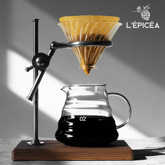 L'ÉPICÉA Pour Over Coffee Maker Set, Pour Over Coffee Maker with Stand, Adjustable Stainless Steel Stand, Wooden Base, Paper Filters, Cone Glass Carafe, Pour Over Coffee Dripper (Black)