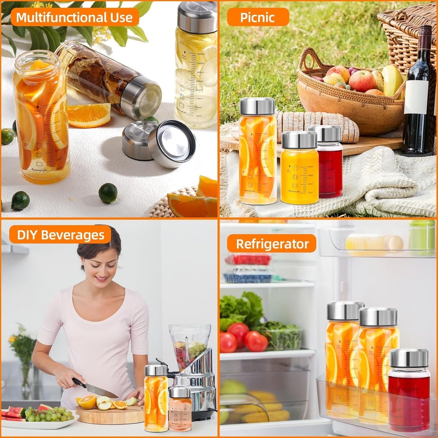 Glass Juice Bottles 6 Pack 12 oz - Wide Mouth Glass Water Bottles with Lids - for Juicing, Smoothies, Milk, Protein, BPA Free, Reusable, Stainless Steel Lids, Leak Proof, Shaker bottle (12oz/400ml)