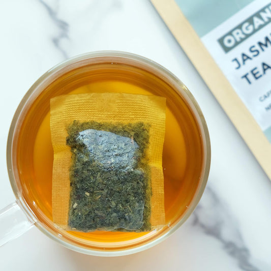 Fescha Organic Jasmine Green Tea Bags Flower-scented Tea (100-count), Eco-Conscious Tea Bags, Packed by Resealable Kraft Bag