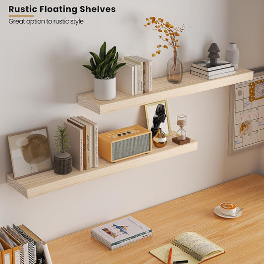 Vivelove Natural Wood Floating Shelves 36”,8 inch Deep Floating Shelf with Invisible Brackets, Unfinished Wall Shelves for Living Room, Bathroom, Kitchen, Bedroom, Home Decor, Set of 2 - Natural