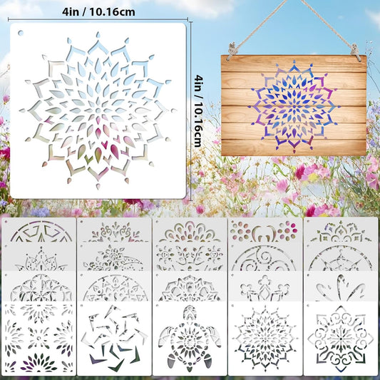 20 Pcs 4x4'' Mandala Stencils for Painting on Wood, Floor, Wall, Tile Fabric, Reusable Furniture Stencils Painting Template Mandala Template for DIY Rock Art Projects Decoration