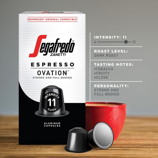 Segafredo Zanetti Espresso Capsules – Aluminum Pods for Nespresso Original Machines – Dark Roast Premium Espresso with a Full-Bodied Aroma – Strong, Intensity 11 – Ovation, 10 Count (Pack of 4)