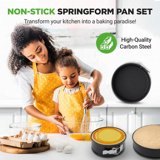 NutriChef 3-Piece Nonstick Springform Pan Set - Premium Carbon Steel Cheesecake Pans with Stainless Steel Clasp - 6", 8", 10" Sizes, Oven Safe up to 450°F - Includes 300pcs Parchment Paper (Black)