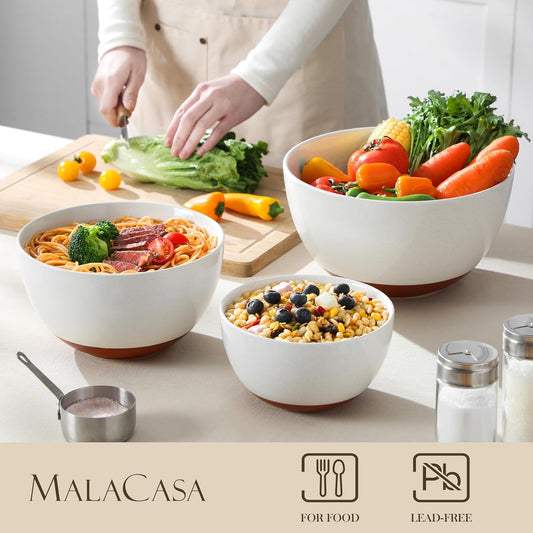 MALACASA Ceramic Mixing Bowls, Large Serving Bowls for Mixing, Cooking, Prepping, Baking, Salad, Soup, Pasta, Nesting Bowls Set of 3, 4.38/2.5/1.44 Qt, Oven, Microwave and Dishwasher Safe, Series TARA