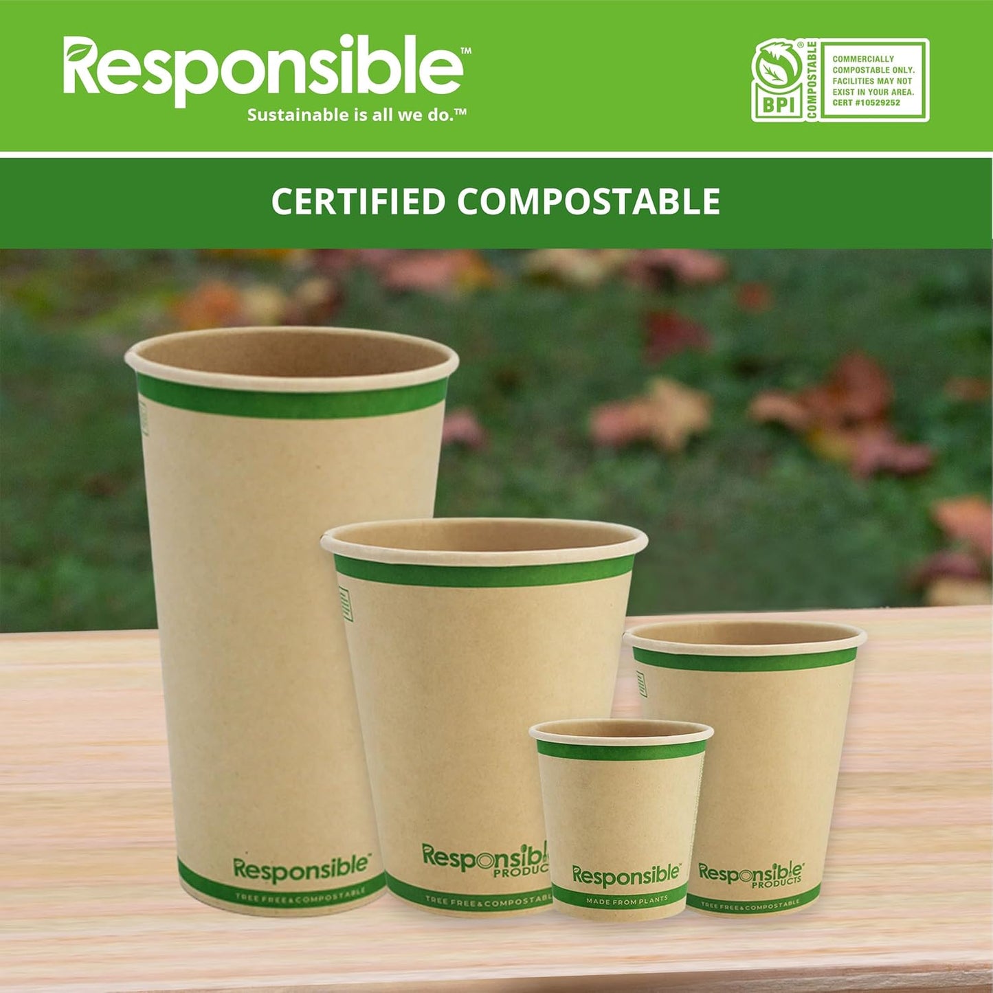 8 oz Paper Hot Cups (Squat), Tree-Less™ Compostable Paper Coffee Cups, Extra Strength, Tree-Free and Made Without PFAS, Natural Brown (1000 Count)