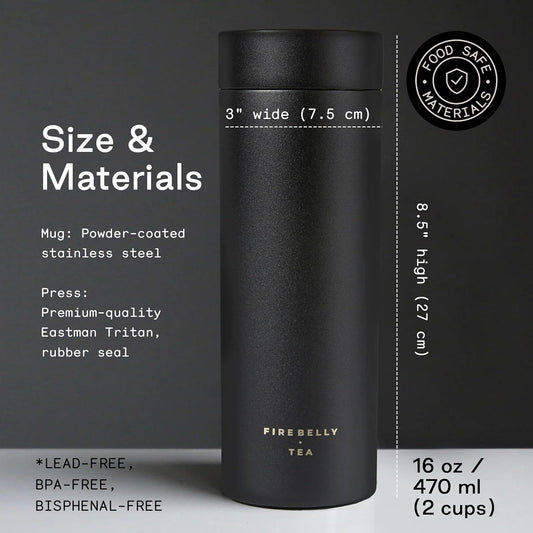 Firebelly Tea, Travel Tea Infuser Mug with Strainer, Insulated Tumbler for Loose Leaf Tea or Coffee, Leakproof Bottle for Hot or Iced Drinks, Stainless Steel Thermos with Lid, Noir