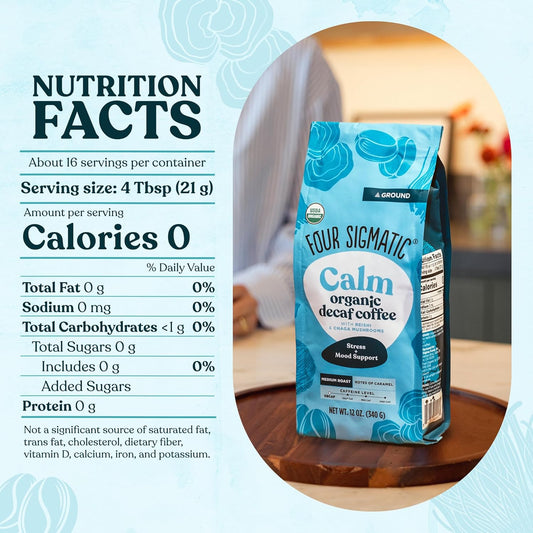 Four Sigmatic Calm Organic Decaf Ground Coffee | Swiss Water Decaf Coffee with Chaga & Reishi Mushroom Extracts | 12oz Bag