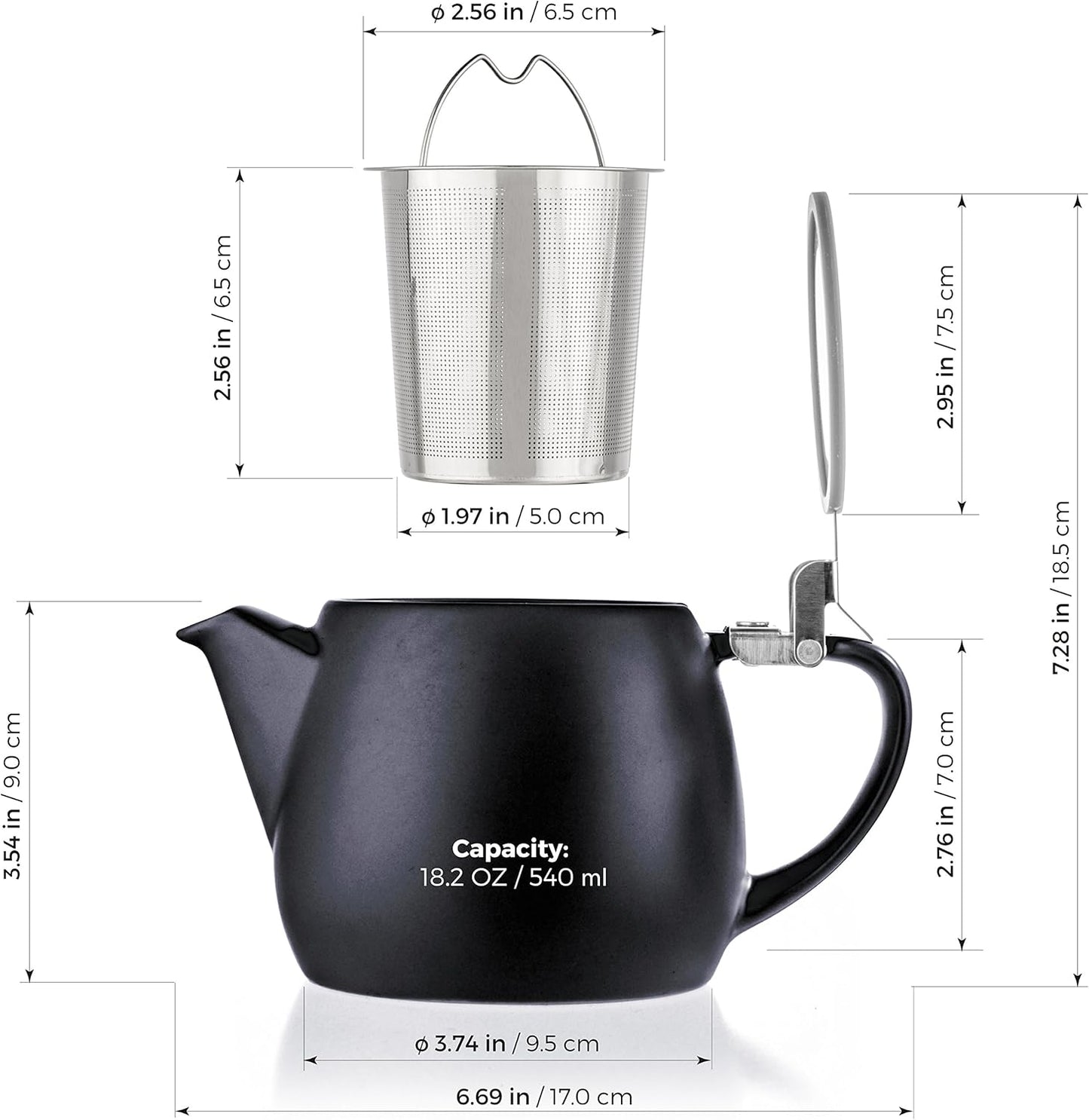 Tealyra - Pluto Porcelain Small Teapot Black - 18.2-ounce (1-2 cups) - Matte Finish - Stainless Steel Lid and Extra-Fine Infuser To Brew Loose Leaf Tea - 540ml