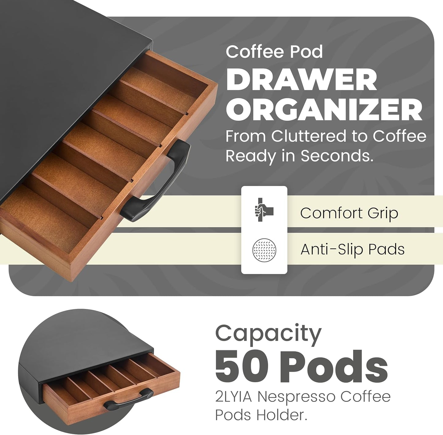 Coffee Pod Holder Compatible with Nespresso OriginalLine Capsules โ 50-Pod Acacia Wood Drawer Organizer with Anti-Slip Base โ Space-Saving Coffee Capsule Storage for Espresso Stations & Countertops