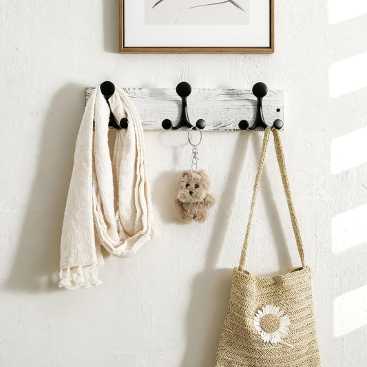 SKOLOO 17-Inch Wood Coat Rack Wall Mount with 3 Triple Hooks - Ideal for Family Entrances, Classrooms, and Pet Supplies Storage - Perfect Coat Hooks for Wall,Distressed White Wash