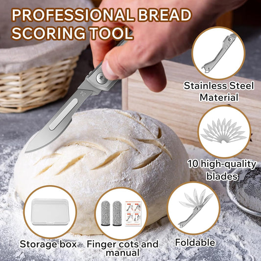 Bread Lame Dough Scoring Tool – Multi-Purpose Scoring Knife, Folding Bread Scorer Tool for Sourdough & Bread Baking with 10 Bread Razor Blades (Grey)