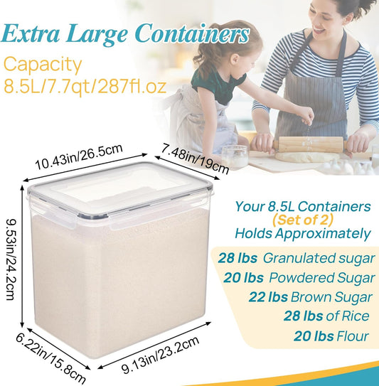 Vtopmart 8.5L 2 Pack Extra Large Flour Sugar Storage Containers for 20lbs flour, Airtight Kitchen Pantry Organization Canisters with Lids for Bulk food, Rice, Baking Supplies, BPA Free, Black