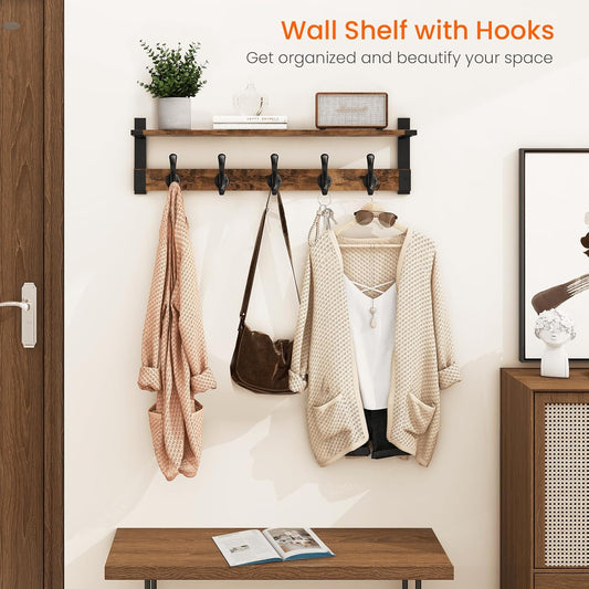 Homode Coat Rack Wall Mount, 29 Inch Long Shelf with Hooks, Wood Entryway Shelf with 5 Hangers for Hanging Hat Jacket Backpack Purse, Rustic Brown Black