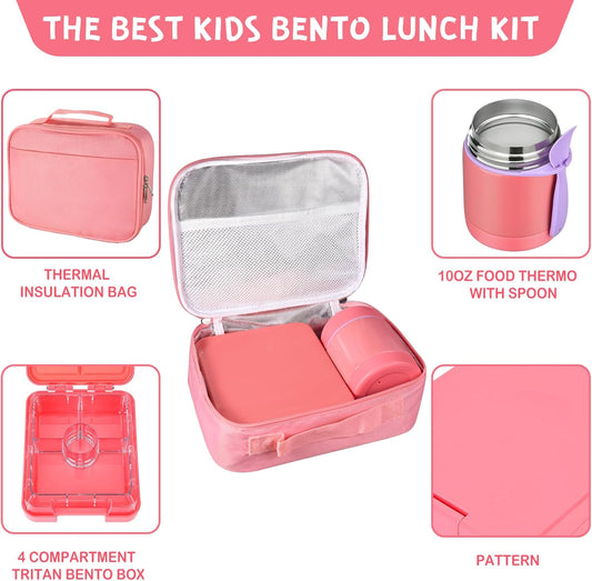 Bento Lunch Box Set With 10oz Soup Thermo, Leak-proof Lunch Containers with 4 Compartment, Kids Hot Thermo Food Jar/Insulation Lunch Bag, Food Containers for School(Solid)