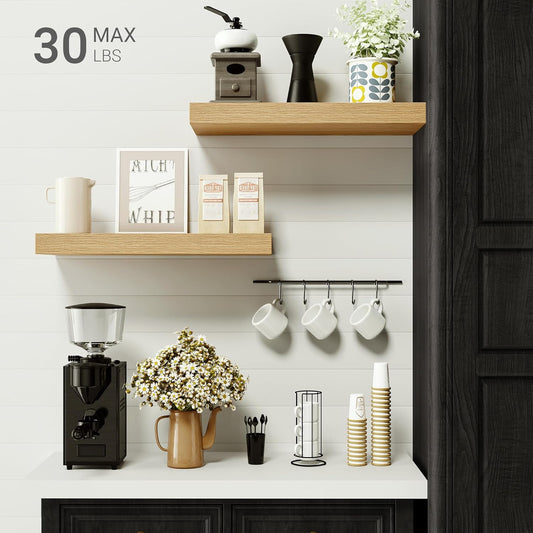 Vivelove Floating Shelves for Wall Mounted, 16 inchs Shelf for Small Bathroom, Bedroom, Living Room, Kitchen, Modern Home Decor, Rustic Farmhouse Wall Shelves with Invisible Brackets - Set of 2, Oak
