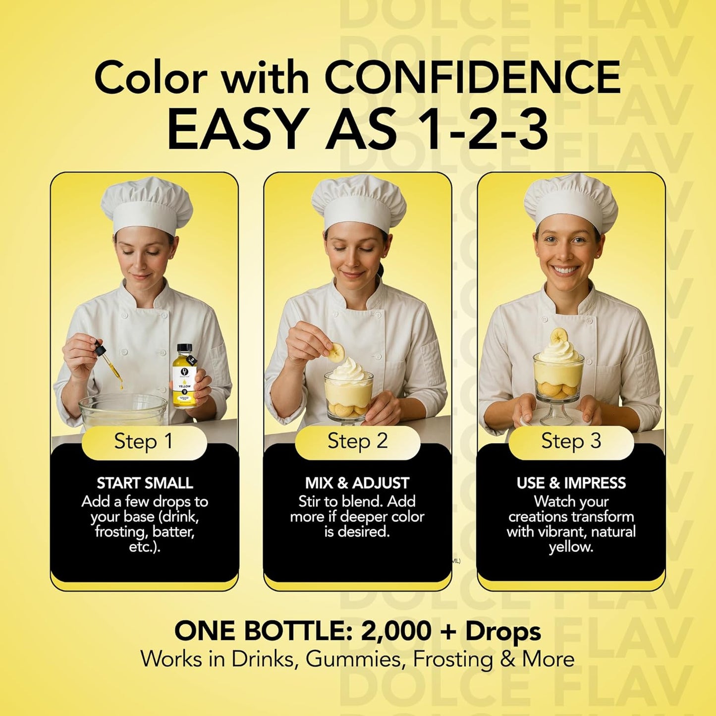 Dolce Flav Natural Yellow Food Coloring โ 2 oz Bright Plant-Based Color from Curcumin | Water-Soluble Liquid Color for Baking, Drinks & Frostings | Graduated Dropper Included | | Kosher | No Artificial Dyes | Made in USA