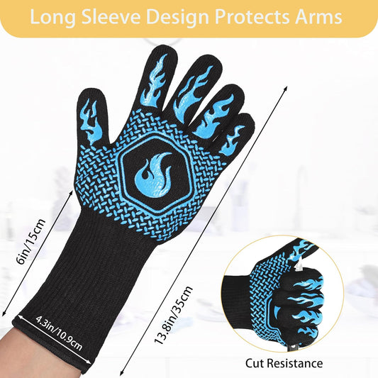 BBQ Fireproof Gloves, Grill Cut-Resistant Gloves 1472°F Heat Resistant Gloves, Non-Slip Silicone Oven Gloves, Kitchen Safe Cooking Gloves for Oven Mitts,Barbecue,Cooking, Frying,13.5 Inch-Sky Blue