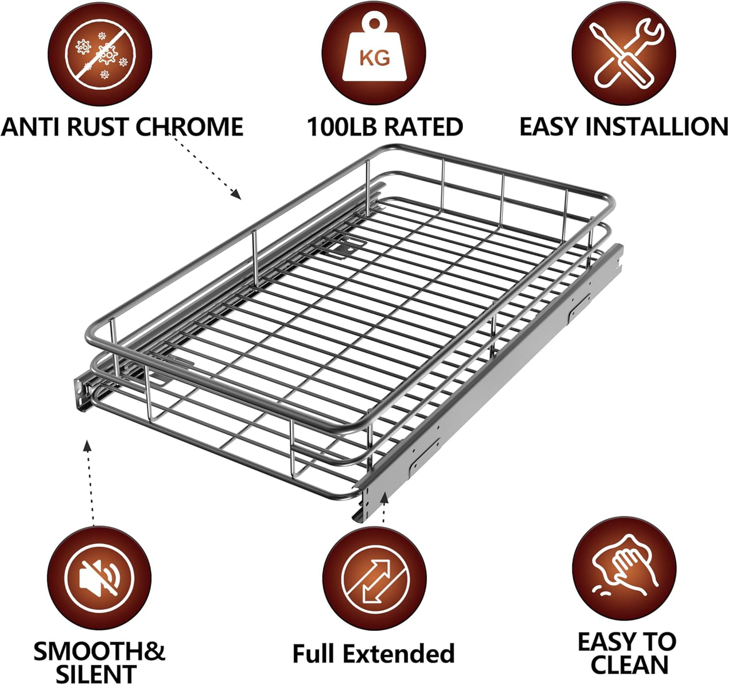 Sliding Cabinet Organizer Pull Out Shelves (11"W x 21"D), Heavy-Duty Slide Out Shelf, Steel Metal Cabinet Roll Out Shelves for Kitchen Bathroom, Chrome