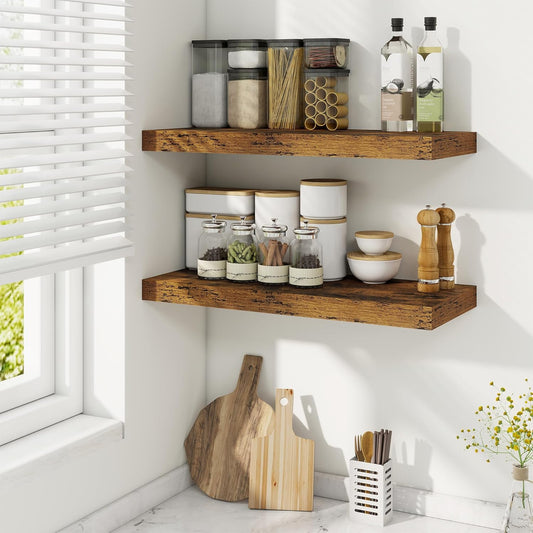 Fun Memories 24 Inch Floating Shelves for Wall, 9 Inch Deep Brown Rustic Wood Wall Mounted Shelves for Bathroom, Kitchen, Living Room, Set of 2