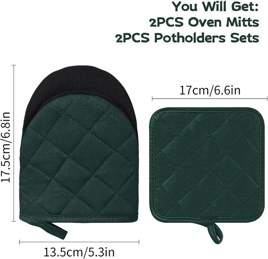 Oven Mitts and Pot Holders Set, Pack of 4, Heat Resistant Silicone Kitchen Mini Oven Mittens for 500 Degrees, Mini Oven Gloves and Hot Pads for Baking Grilling Barbecue Microwave Machine Washable