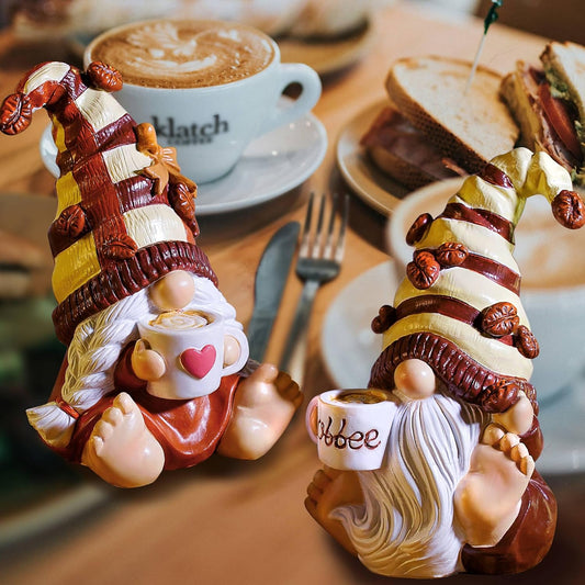 2PCS Coffee Gnomes Figurines Home Christmas Decoration Fall Gnomes Coffee Bar Accessories Decor Elfs Statue Cute Resin Housewarming Gifts for Women Tiered Tray Table Ornament,Sit 4.7H