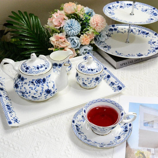 Bone China Tea Set for Adults, 13-Piece Porcelain Tea Sets,Blue and White Bone China Tea Cup Set for 4,Vintage Tea Sets for Women Tea Party or Christmas Gifts