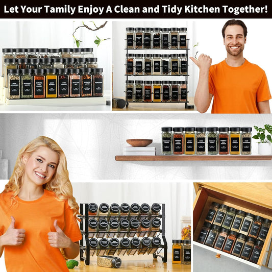 36Pcs Spice Jars Containers with Labels,4oz Black Seasoning Bottles with Shaker Lids for Rack, Cabinet, Drawer,Empty Square Condiment Pots (36, Black)