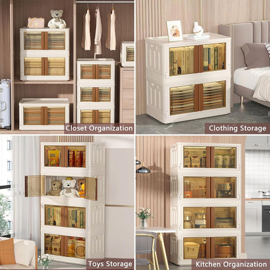 19Gal Collapsible Storage Bins with Lids & Wheels - 4 Pack Stackable with Doors, Heavy-Duty Plastic Cabinet for Home/Office, Milk White